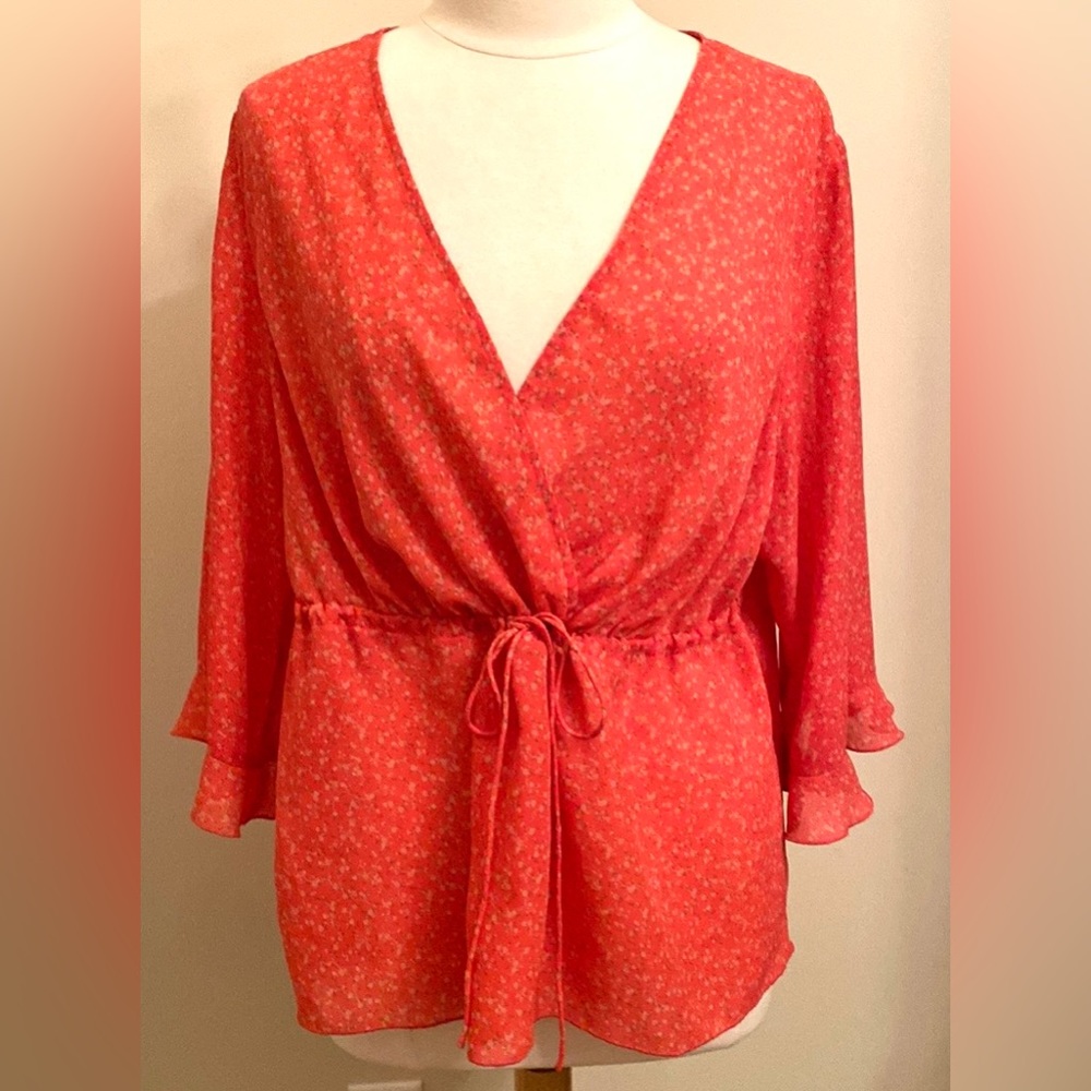 Lane Bryant Ditsy Floral Orange Red Peplum 3/4 Sleeve Lined Casual Top SZ 18/20